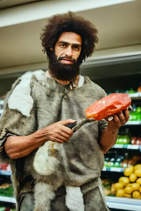 medium shot realistic photo of stone_man, a man in the supermarket, wild hair, holding a raw meat, highly detailed, 8k, photorealistic, flash lighting, candid,  <lora:stoneage_man_l9ra:0.85>