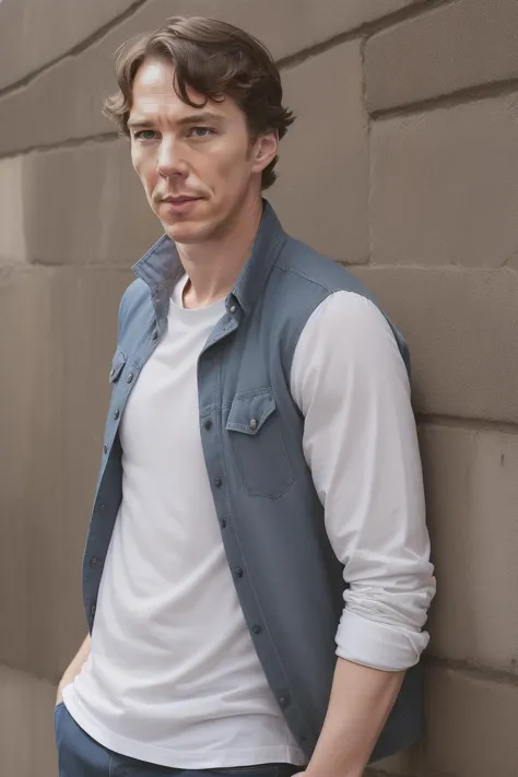 a man leaning against a wall wearing a vest and jeans