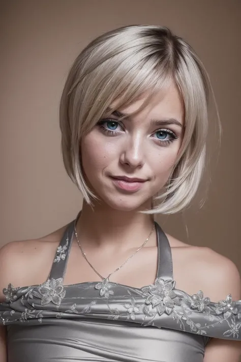 a close up of a woman with a short blond haircut