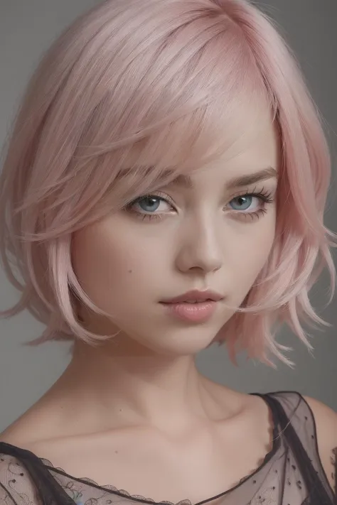 beautiful girl, woman, solo, sexy body, (cute:1.3), (([Pastel pink hair], [modern shag], [layered dress])), realistic, (cute), (...