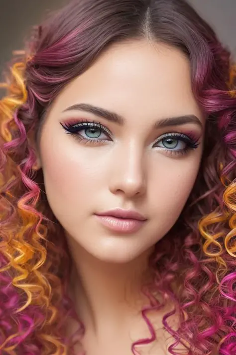 beautiful girl, solo, cowboy shot, (hair color [Brown hair], [curly hair] hair), realistic, saggy breasts, charming, colorful makeup, (cute), (detailed face), detailed eyes, detailed iris