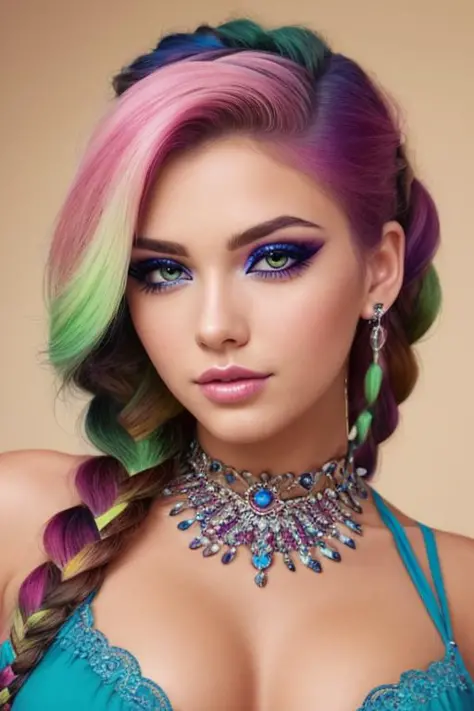 beautiful girl, solo, cowboy shot, (hair color [Green hair], [braided hairstyle] hair), realistic, saggy breasts, charming, colorful makeup, (cute), (detailed face), detailed eyes, detailed iris