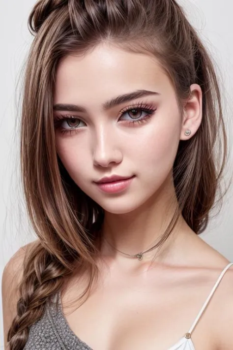 18 years old girl, beautiful woman, (cute:1.3), (([Brown hair], [braided hairstyle], [impossible dress])), lips, realistic, narrow waist, colorful makeup, long eyelashes, pale skin, (cute), (detailed face), (detailed teeth), (detailed eyes), (detailed iris...
