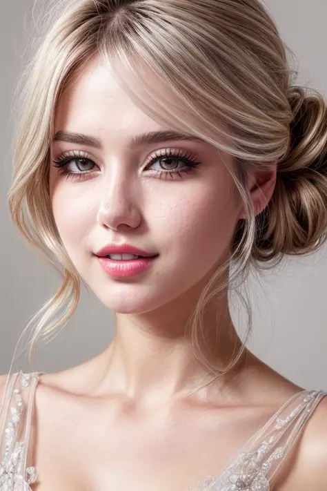 18 years old girl, beautiful woman, (cute:1.3), (([Gray hair], [updo], [gown])), lips, realistic, narrow waist, colorful makeup, long eyelashes, pale skin, (cute), (detailed face), (detailed teeth), (detailed eyes), (detailed iris),,   <lora:add_detail:0.5...