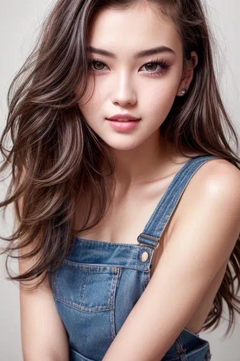 18 years old girl, beautiful woman, (cute:1.3), (([Brown hair], [blowout], [pinafore dress])), lips, realistic, narrow waist, co...