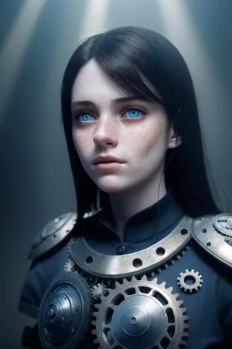 18 year old woman, standing, three quarter view, bright blue eyes, straight black hair, armor made of many gears, tiny gears, cl...