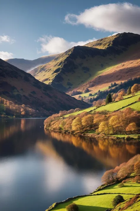 Masterpiece, well composed, detailed photograph of a lake and surrounding landscape, Lake district UK, Ullswater , Windemere, 8k uhd, Thomas Heaton