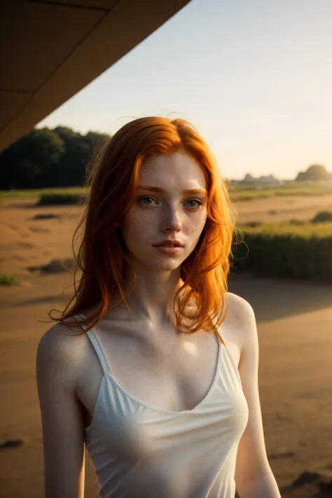 (dynamic angle:1.1),outdoors, ginger hair, photo of skinny 20yo girl, freckles, sad, soft, masterpiece, volumetric light, best q...