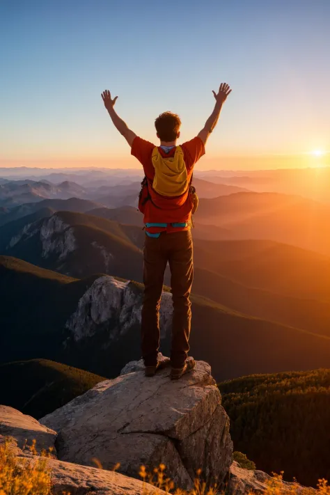 A person standing at the top of a mountain, arms raised, looking out over vast landscape, sunrise or sunset colors, reminiscent of Ansel Adams' work