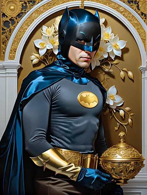 batman with golden orb statue in front of gold wall