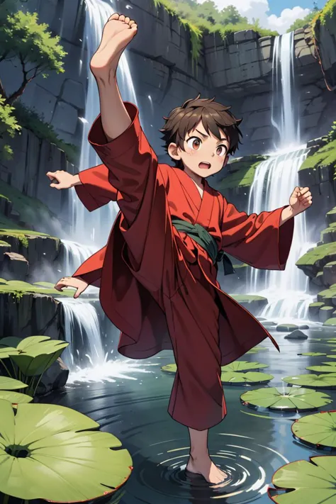 a man in a red robe standing in front of a waterfall