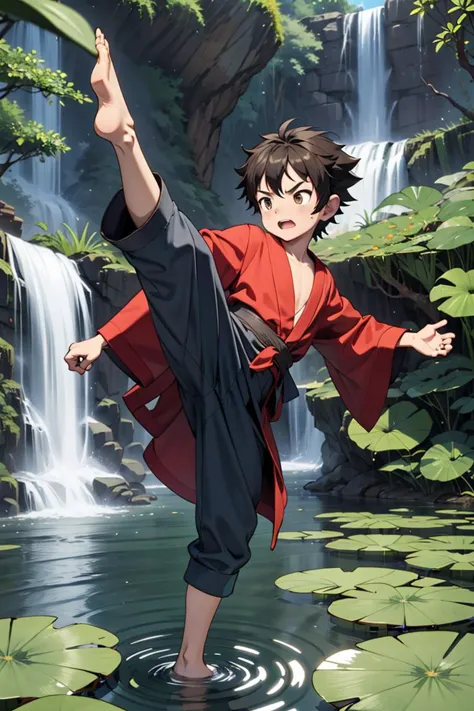 little boy, <lora:high_kick003:0.3> kicking, high kick, robe, voluminous sleeves, waterfall, lily pad