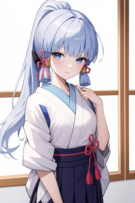 <lora:ç¥éåéæ:1:lbw=char>,kamisato ayaka,bangs,long hair,ponytail,ribbon,blunt bangs,hair ribbon,blue eyes,blue hair,japanese clothes,skirt,kimono,sidelocks,hakama,mole under eye,, 1girl,
,  (masterpiece,best quality:1.2),absurdres