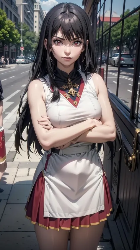 anime girl in uniform standing on sidewalk with arms crossed