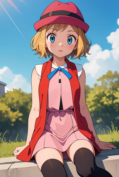 (masterpiece, best quality), 1girl,    <lora:PKMN_Serena_Gen6_Alternative_v1:0.8> pkmnserena, 1girl, solo, blue eyes, blonde hair, short hair, bangs, hat, red headwear,, pink dress, ribbon, sleeveless, neck ribbon, blue ribbon, vest, black thighhighs,