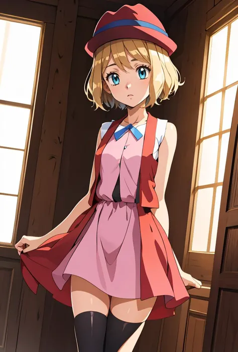 anime girl in a pink dress and hat standing in a room