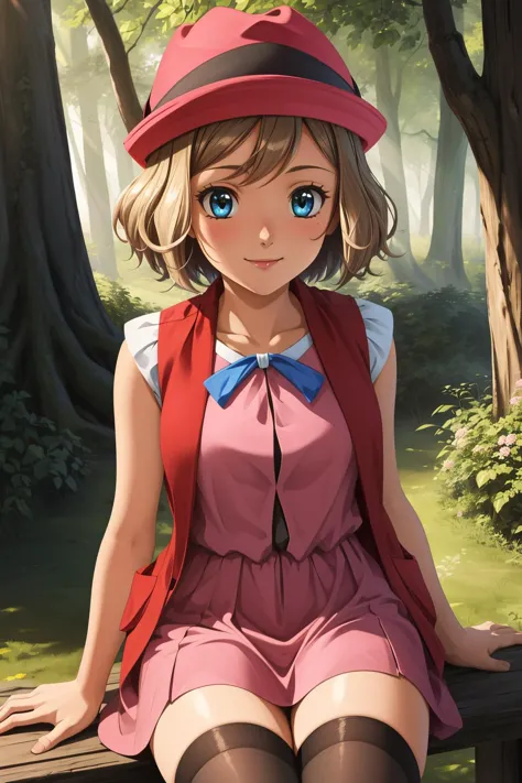 anime girl sitting on a bench in a forest with a hat