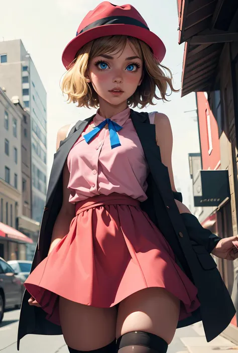 (masterpiece, best quality), 1girl,    <lora:PKMN_Serena_Gen6_Alternative_v1:0.8> pkmnserena, 1girl, solo, blue eyes, blonde hair, short hair, bangs, hat, red headwear,, pink dress, ribbon, sleeveless, neck ribbon, blue ribbon, vest, black thighhighs,