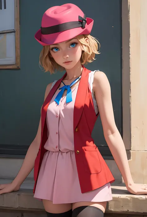 (masterpiece, best quality), 1girl,    <lora:PKMN_Serena_Gen6_Alternative_v1:0.8> pkmnserena, 1girl, solo, blue eyes, blonde hair, short hair, bangs, hat, red headwear,, pink dress, ribbon, sleeveless, neck ribbon, blue ribbon, vest, black thighhighs,