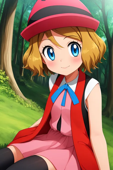 pkmnserena, 1girl, solo, blue eyes, blonde hair, short hair, bangs, hat, red headwear, 
pink dress, ribbon, sleeveless, neck ribbon, blue ribbon, vest, black thighhighs, 
smile,closed mouth,cowboy shot,sitting,
forest,outdoor,
(insanely detailed, beautiful detailed face, masterpiece, best quality) cinematic lighting,<lora:PKMN_Serena_Gen6_Alternative_v1:1>, <lora:more_details:0.3>,