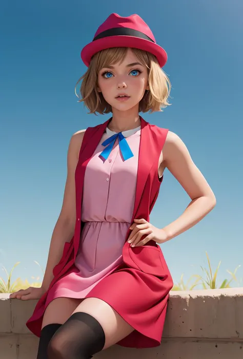 (masterpiece, best quality), 1girl,    <lora:PKMN_Serena_Gen6_Alternative_v1:0.8> pkmnserena, 1girl, solo, blue eyes, blonde hair, short hair, bangs, hat, red headwear,, pink dress, ribbon, sleeveless, neck ribbon, blue ribbon, vest, black thighhighs,