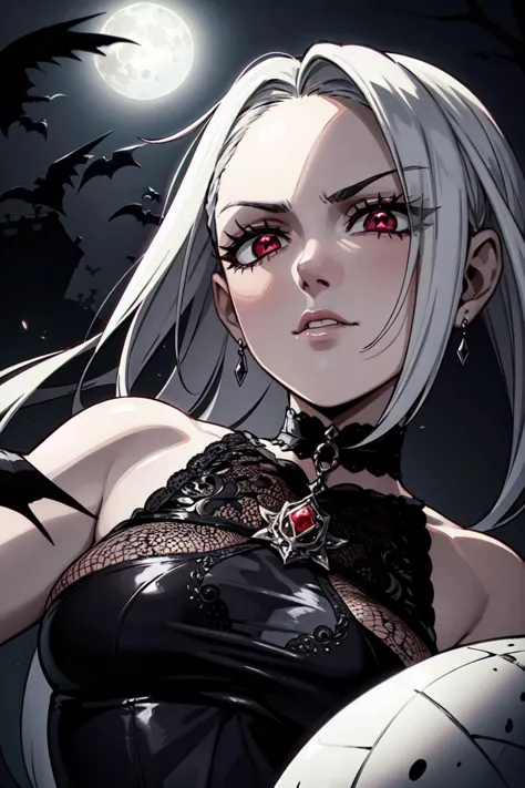 a close up of a woman with white hair and red eyes