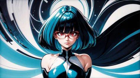 a close up of a woman with blue hair and glasses