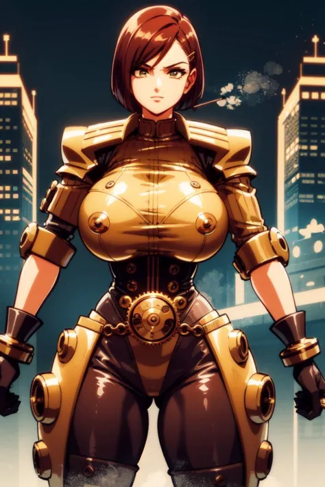 a woman in a gold armor suit standing in front of a city