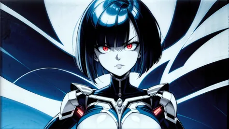 woman, glowing eyes, frowning, full lips, jawline, shoulder length bob cut, (upper body:1.1), muscular, (huge breasts:1.1), (floating hair:1.3), blue hair, red eyes, aura, evil smile, cyborg,
masterpiece, highly detailed, best quality, very detailed, illustration, flat color,  (simple background:1.1), HDR, highres, absurdres, abstract, colorful, vivid colors,
<lora:add_detail:0.8>