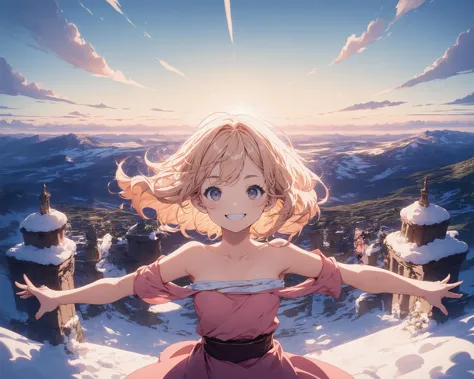 anime girl in pink dress standing on snowy mountain with arms outstretched