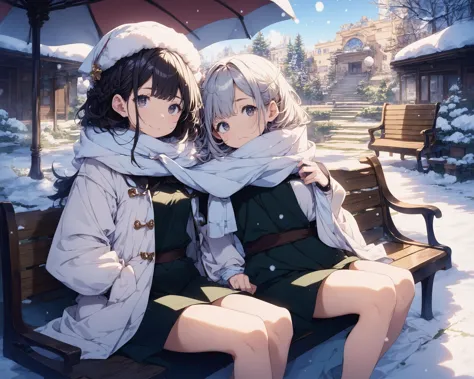 anime characters sitting on a bench in the snow