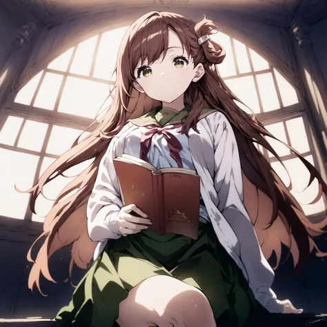 anime girl with long brown hair sitting on a window ledge reading a book