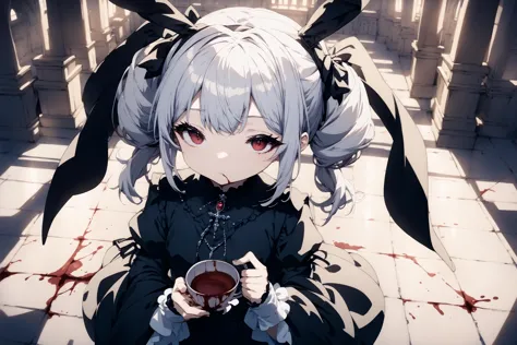 anime character sitting on floor with bloody floor and holding a cup