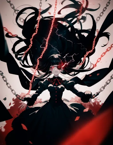 a black and white anime girl with long hair and chains