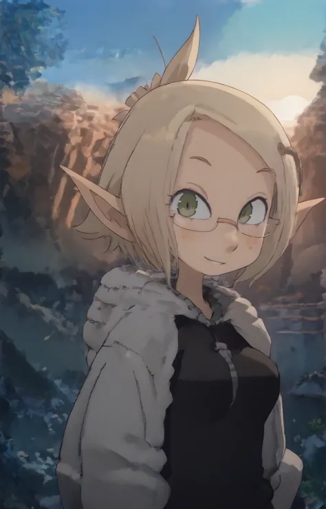 score9, score_8_up, score_7_up, close up, detailed background, medium breasts, tall, <lora:Evangelyne (Autism SDXL):1> 1girl, evangelyne s1, short hair, ponytail, blonde hair, hair ornament, pointy ears, light freckles, green eyes, half moon glasses, smile, 3/4 view, looking at viewer, large green puffy jacket, green open jacket, black shirt, cleavage, hands in pockets, baggy pants, urban, outdoors, street, blue sky, sun, billowing clouds,<lora:LowKeyLightsPony:0.8> LowKeyLights