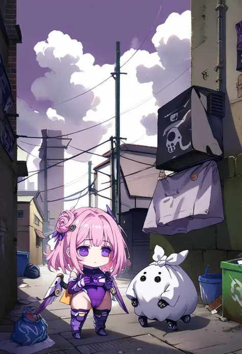 score_9,score_8_up,score_7_up,source_comic,1girl,facing viewer,full body,<lora:Doro_X_PDXL_V1:0.9>,doro,creature,:3,chibi,pink hair,purple eyes,hair bun,hair bow,no humans,white skin,solid circle eyes,no pupils,ruanyi0675,power lines,industrial pipe,air conditioner,alley,brick wall,cable,crosswalk,utility pole,vanishing point,night,dark,vending machine,trash can,trash bag,horror \(theme\),<lora:0675 Messy urban village_v1_pony:1>,ruanyi0516,armored boots,purple bodysuit,cameltoe,elbow gloves,hair ornament,purple highleg leotard,mechanical wings,<lora:0516 nikke Isabel_v1_pony:0.9>,