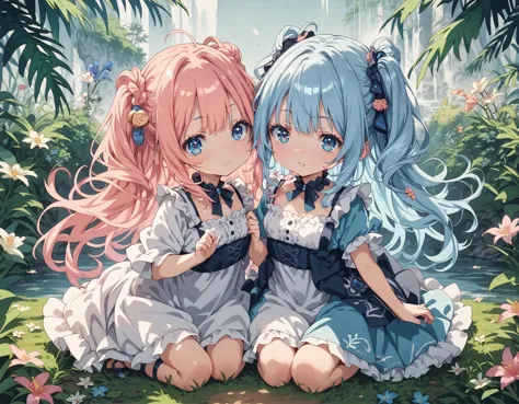 two anime girls sitting on the ground with flowers in their hair