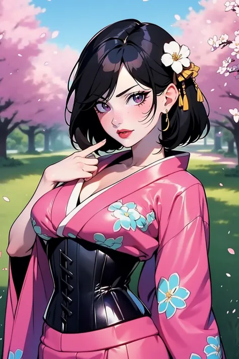 anime artwork,adult beautiful woman, high quality, best quality, highres, high detail, flirting with viewer,  <lora:Outfit_v-LatexUnderbust:0.75> l4t3xund3rbust,latex, ((underbust, black corset)), shiny, large breasts, Japanese kimono, traditional design, submissive pose, serene garden setting, cherry blossoms, sunset hues, vibrant, detailed, 8k resolution anime style,  vibrant, studio anime, highly detailed <lora:Style_v-GoldLeaf:0.4> g0ld3mb, gold, portrait,