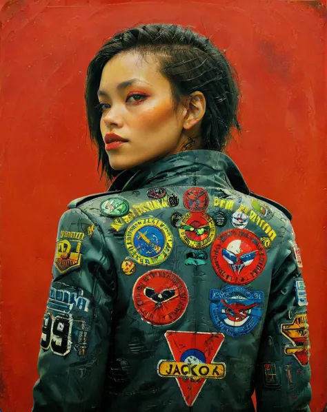 <lora:ColorStyle-000005:.7>,, a painting of a woman, a person wearing a jacket with patches on it , sci fi fantasy, yellow and r...