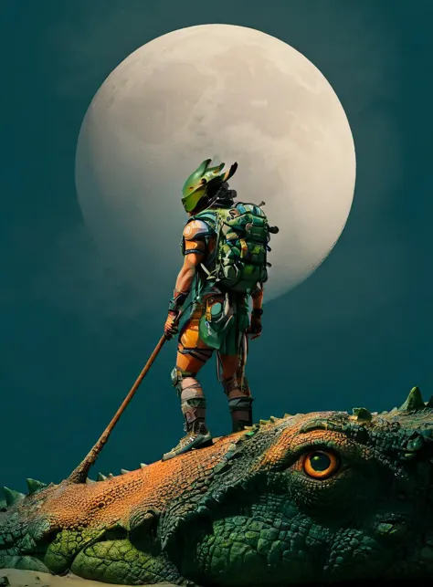 a man with a backpack and a stick standing on a giant alligator head with a full moon in the background, Filip Hodas, sci fi fan...
