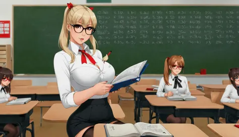 raw photo, below view, blonde teacher with cute makeup, age 40, face detailing, (holding textbook and with a pointer: 1.4) , black tight miniskirt, in high-heeled shoes, in the crowded classroom, white semi-transparent blouse , stylish glasses, ( masterpiece:1.1) , (Thigh high socks :1.1), ponytail, red eyes, red ribbon, skin tight , (side breasts) , shoulder, collarbone, students, desks ,chairs, long earrings, textbooks, blackboard, classroom, graphic eyeliner, rouge, (choker:0.9), realistic skin texture,,, very thin waist,  breasts, cleavage, slim body,, (8k, masterpiece, best quality, ultra-detailed),  (an extremely delicate and beautiful)kawaii, cute, very big eyes, Aesthetic Anime Eyes, small face,  large breasts, cinematic lighting, , Intricate, High Detail, Sharp focus, dramatic,   masterpiece, best quality, ultra-detailed,