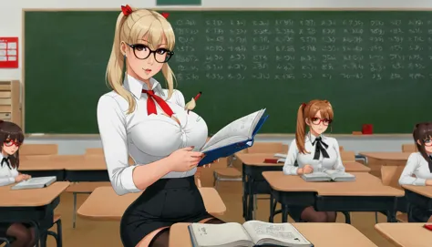 anime girl in a classroom with a blackboard and a blackboard