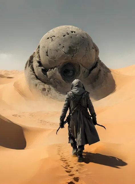 a man in a long coat walking across a desert with a giant worn head in the background , concept art, fantasy art <lora:ColorStyle-000005:.7>,