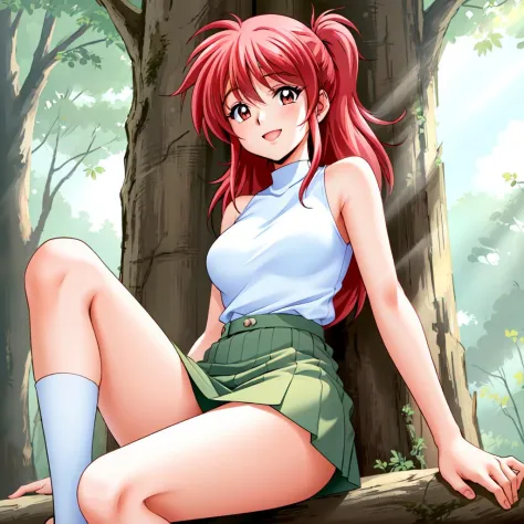 masterpiece,best quality,ultra high res,<lora:NIMISAO:0.7>,whole head in frame,red hair,white sleeveless top,smiling,short green...