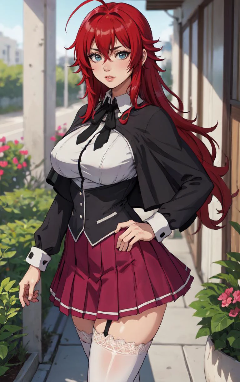 ((chef-d&#39;œuvre, meilleure qualité)), fous, absurdes, seulement, regarder le spectateur, 
Anime_DXD_rias_gremory_proprewaifu, 
1fille, frange, cheveux longs, cheveux roux, seins, large seins, maquillage gremory, yeux bleus, cheveux entre les yeux, very cheveux longs, clavicule, prises de cheveux,  hair over seins, 
capelet noir, Corset noir, collared chemise, uniforme scolaire de l&#39;académie kuoh, layered jupe, sous la poitrine, , jupe, chemise, manches longues, purple jupe, ruban, minijupe, neck ruban, hauts de cuisse, black ruban, 
(portrait, fermer)profondeur de champ, Point de fuite, jardin, éclairage latéral,