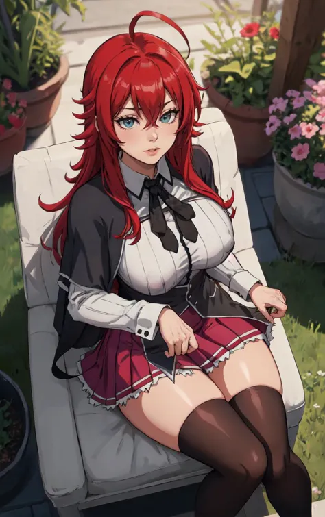 anime girl sitting on a chair with a red hair and a black shirt