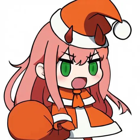 (masterpiece,best quality) , absurdres, (white background:1.2), (simple background:1.1), full body, Padoru_Meme, open mouth, zero two, green eyes, horns, long hair, oni horns, orange ascot, (pink hair:1.1), red horns,