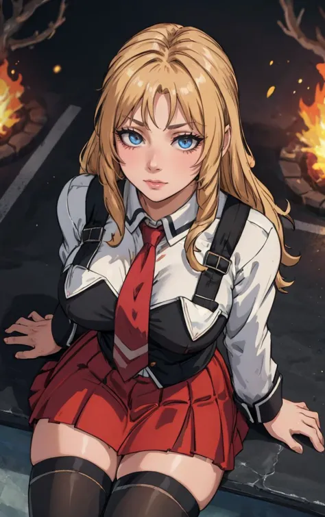 ((masterpiece, best quality)), insaneres, absurdres, solo, outdoors,
CLOTHING_BibleBlack_SchoolDress_ownwaifu, 
1girl, blonde hair,  long hair, blue eyes, 
black vest, red skirt, white shirt, collared shirt, suspenders, school uniform, black thighhighs, zettai ryouiki, necktie, long sleeves, pleated skirt, red necktie, 
(from above, sitting)<lora:CLOTHING_BibleBlack_SchoolDress_ownwaifu:0.9>,
lens flare, depth of field, bokeh, embers, vanishing point, looking at viewer,