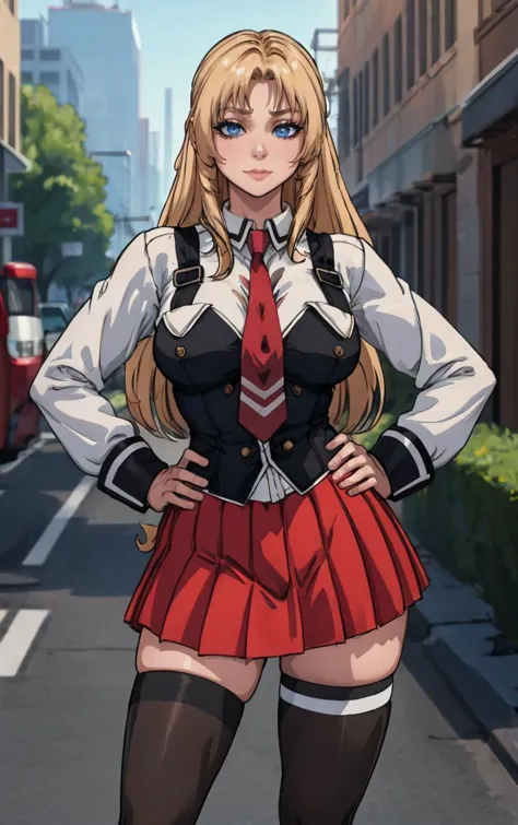 ((masterpiece, best quality)), insaneres, absurdres, solo, outdoors,
CLOTHING_BibleBlack_SchoolDress_ownwaifu, 
1girl, blonde hair,  long hair, blue eyes, 
black vest, red skirt, white shirt, collared shirt, suspenders, school uniform, black thighhighs, zettai ryouiki, necktie, long sleeves, pleated skirt, red necktie, 
(contrapposto, hand on hip)<lora:CLOTHING_BibleBlack_SchoolDress_ownwaifu:1>,
lens flare, depth of field, bokeh, embers, vanishing point, looking at viewer,