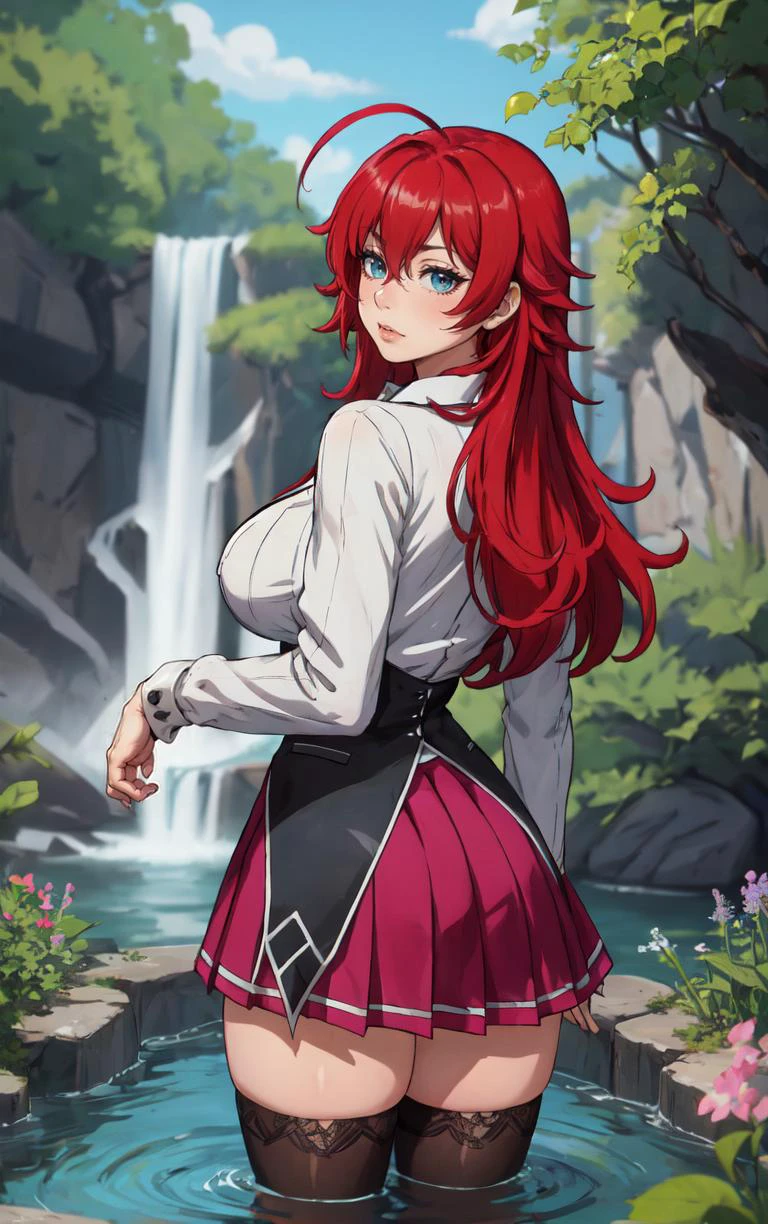 ((chef-d&#39;œuvre, meilleure qualité)), fous, absurdes, seulement, regarder le spectateur, 
Anime_DXD_rias_gremory_proprewaifu, 
1fille, frange, cheveux longs, cheveux roux, seins, large seins, maquillage gremory, yeux bleus, cheveux entre les yeux, very cheveux longs, clavicule, prises de cheveux,  hair over seins, 
capelet noir, Corset noir, collared chemise, uniforme scolaire de l&#39;académie kuoh, layered jupe, sous la poitrine, , jupe, chemise, manches longues, purple jupe, ruban, minijupe, neck ruban, hauts de cuisse, black ruban, 
(patauger, Regarder en arrière), cascade, profondeur de champ, Point de fuite, jardin, éclairage latéral,